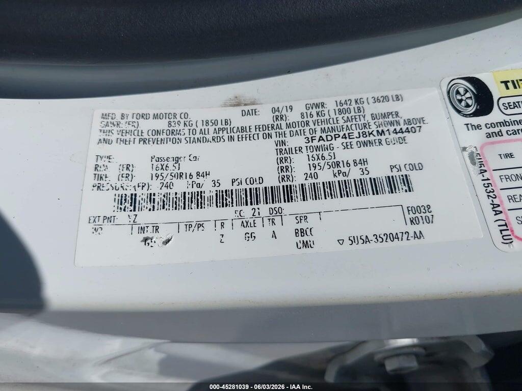 3FADP4EJ8KM144407 2019 FORD FIESTA photo no. 9