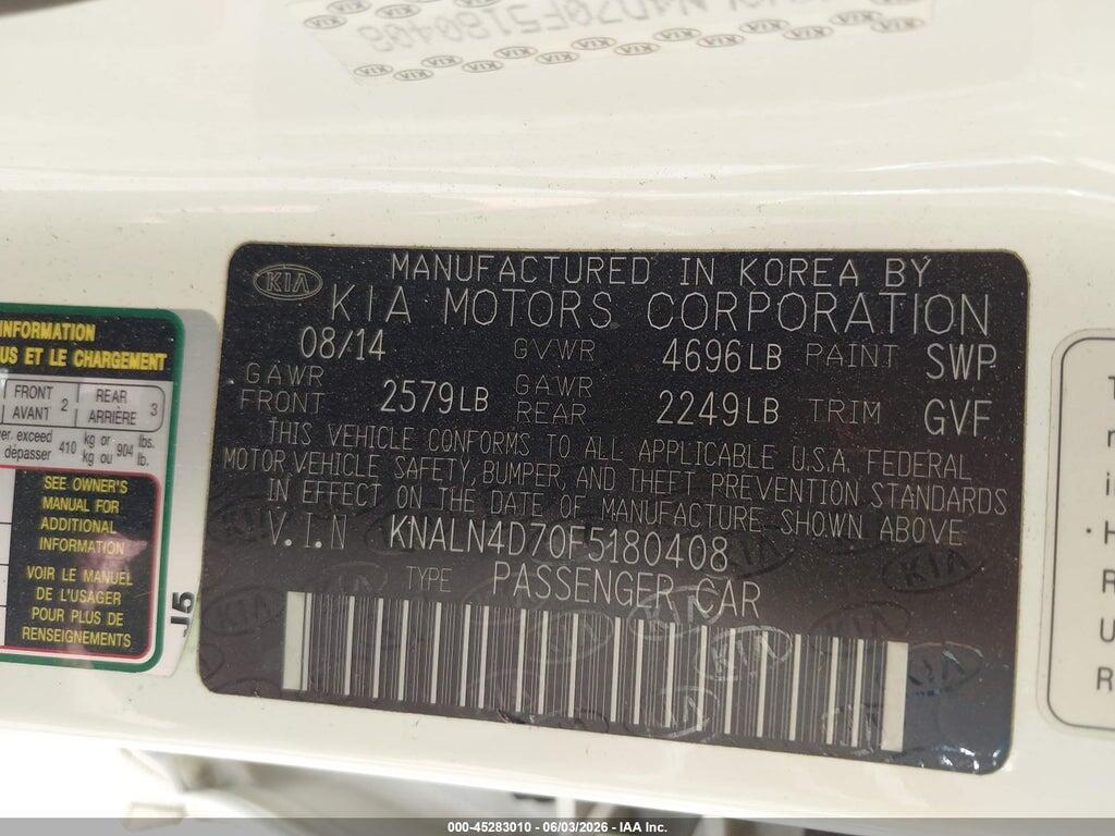 KNALN4D70F5180408 2015 KIA CADENZA photo no. 9