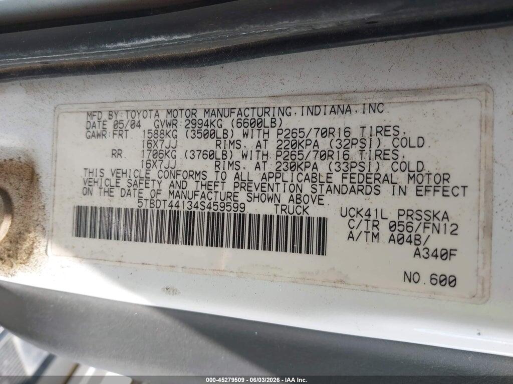 5TBDT44134S459599 2004 TOYOTA TUNDRA photo no. 9