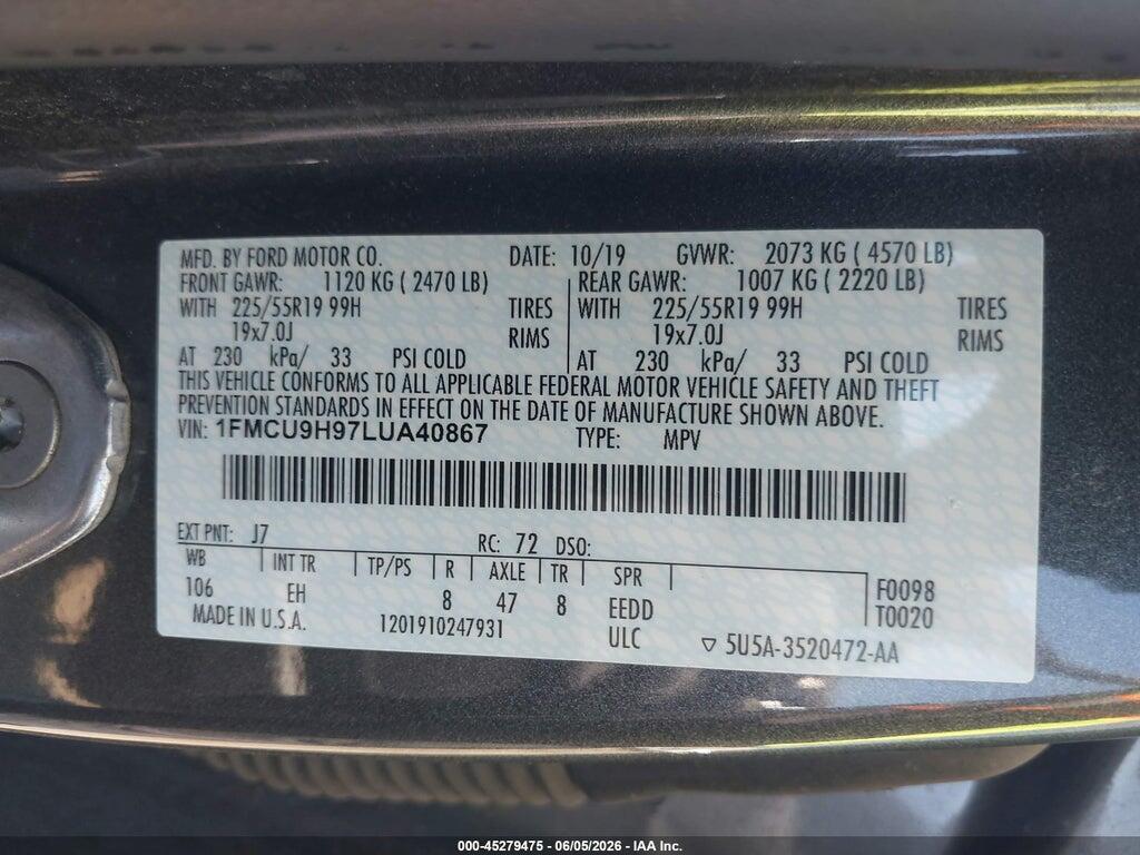 1FMCU9H97LUA40867 2020 FORD ESCAPE photo no. 9
