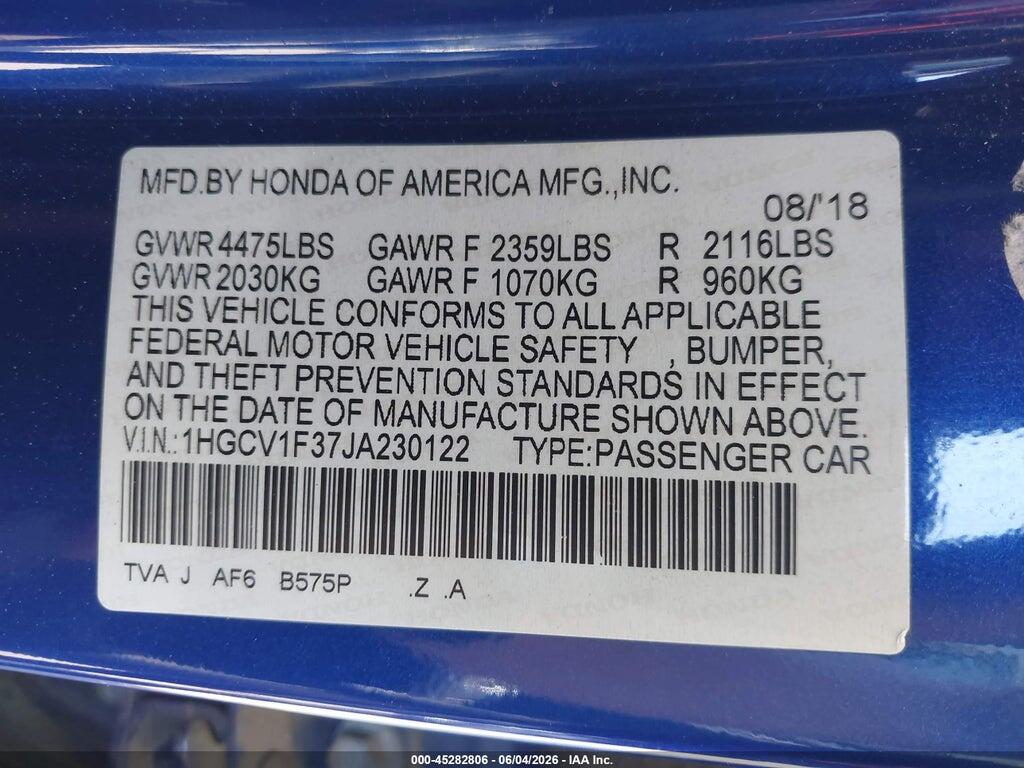 1HGCV1F37JA230122 2018 HONDA ACCORD photo no. 9