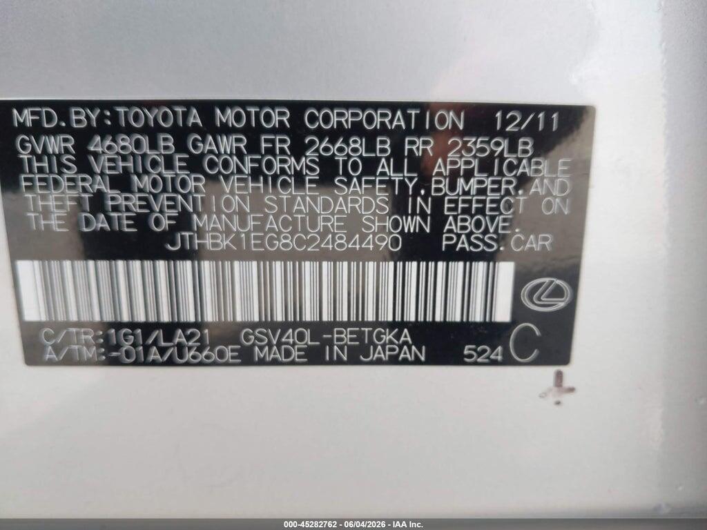 JTHBK1EG8C2484490 2012 LEXUS ES 350 photo no. 9