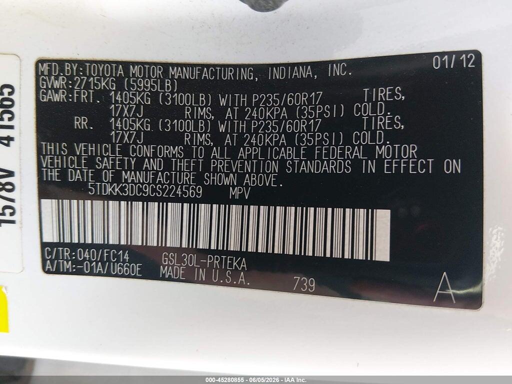 5TDKK3DC9CS224569 2012 TOYOTA SIENNA photo no. 9