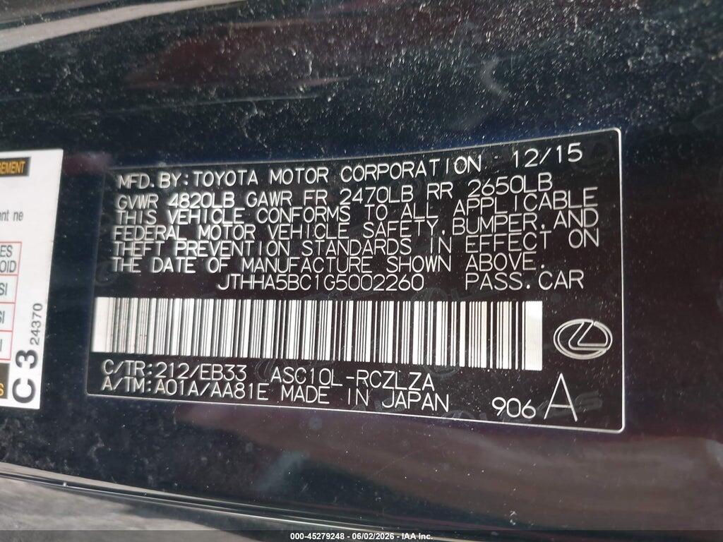 JTHHA5BC1G5002260 2016 LEXUS RC 200T photo no. 9