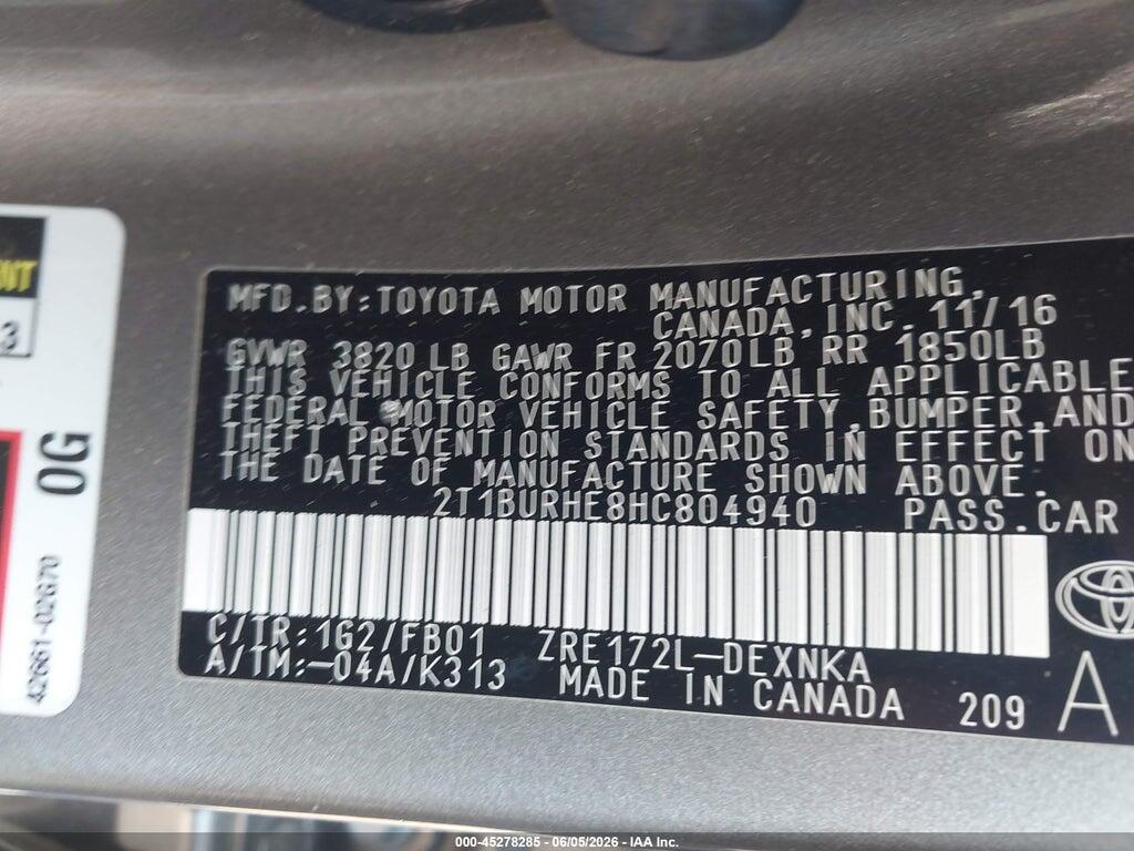 2T1BURHE8HC804940 2017 TOYOTA COROLLA photo no. 9