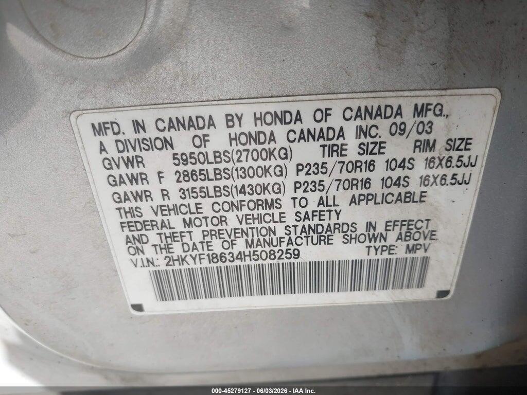 2HKYF18634H508259 2004 HONDA PILOT photo no. 9