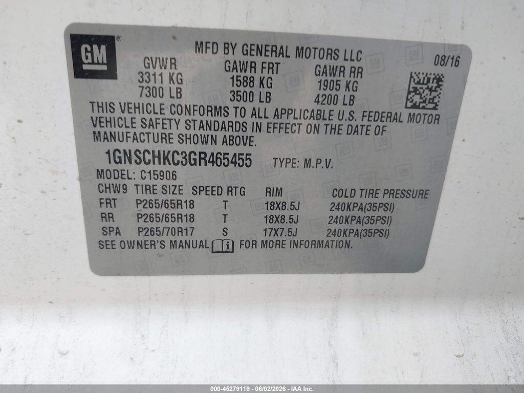 1GNSCHKC3GR465455 2016 CHEVROLET SUBURBAN photo no. 9