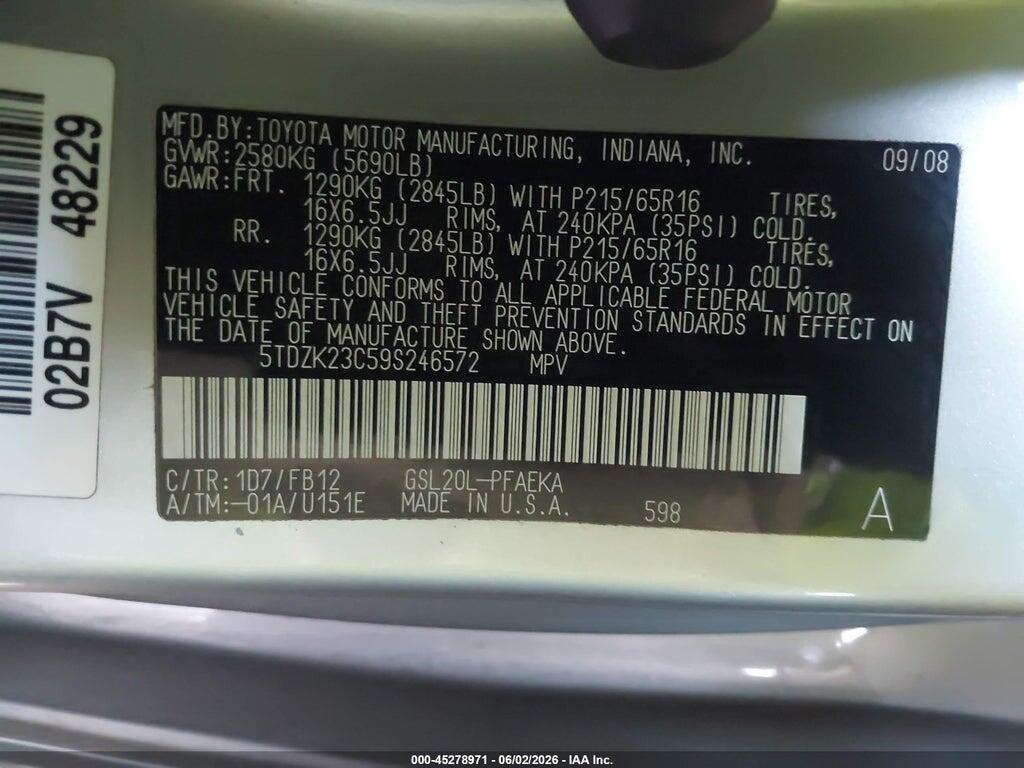 5TDZK23C59S246572 2009 TOYOTA SIENNA photo no. 9