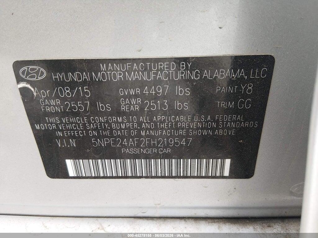 5NPE24AF2FH219547 2015 HYUNDAI SONATA photo no. 9