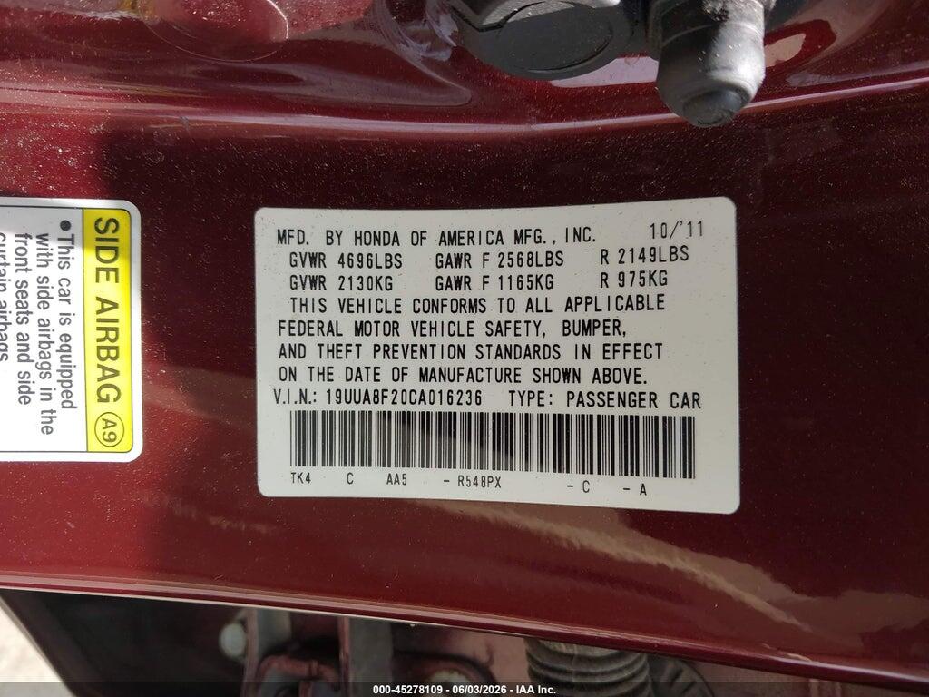 19UUA8F20CA016236 2012 ACURA TL photo no. 9