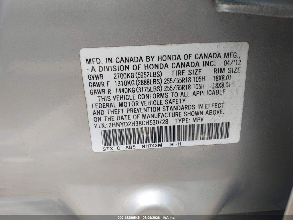 2HNYD2H38CH530728 2012 ACURA MDX photo no. 9