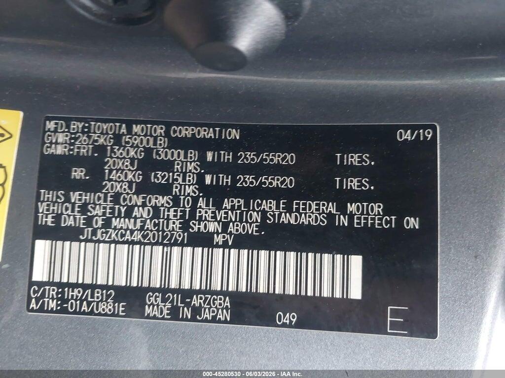 JTJGZKCA4K2012791 2019 LEXUS RX 350L photo no. 9
