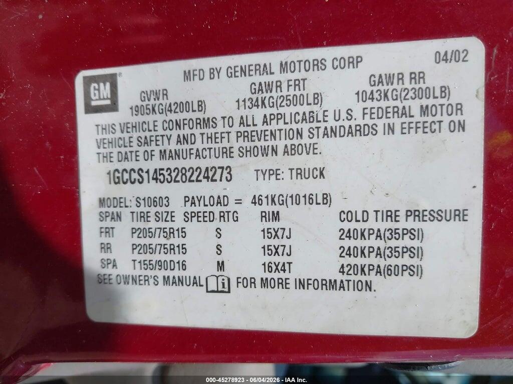 1GCCS145328224273 2002 CHEVROLET S-10 photo no. 9