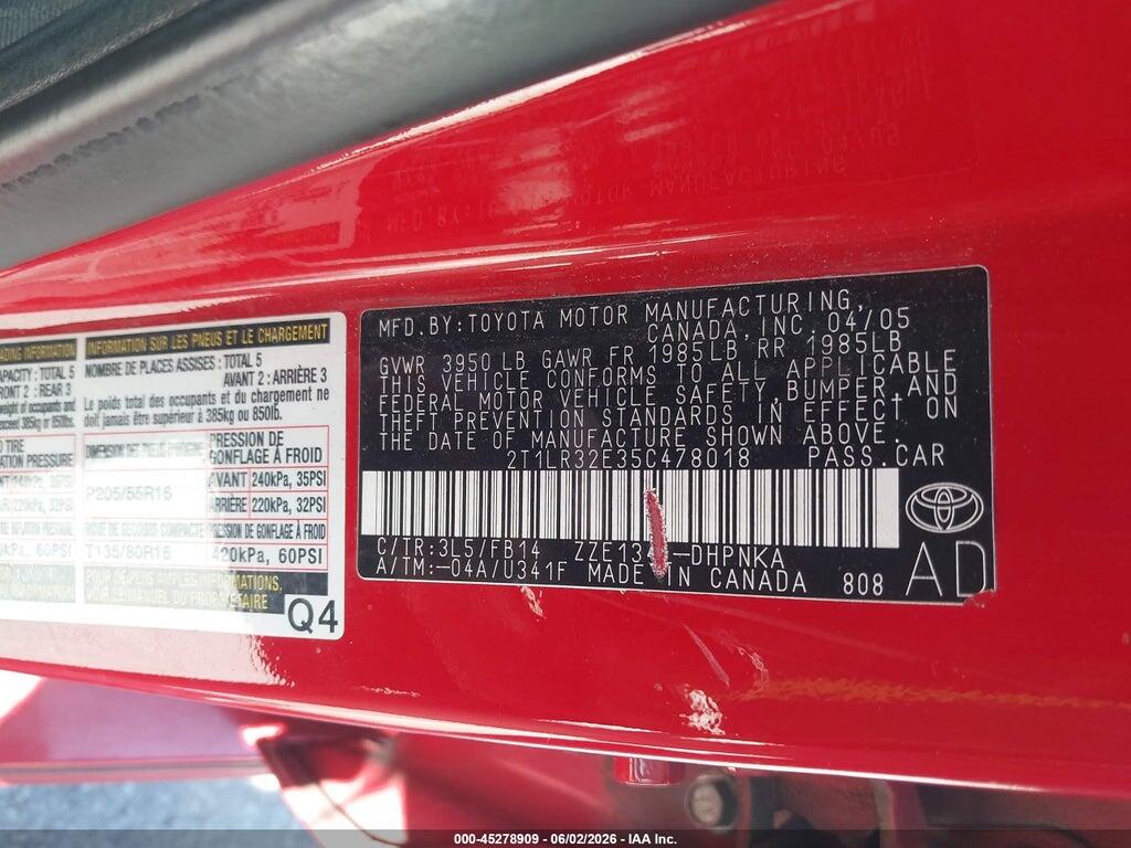 2T1LR32E35C478018 2005 TOYOTA MATRIX photo no. 9