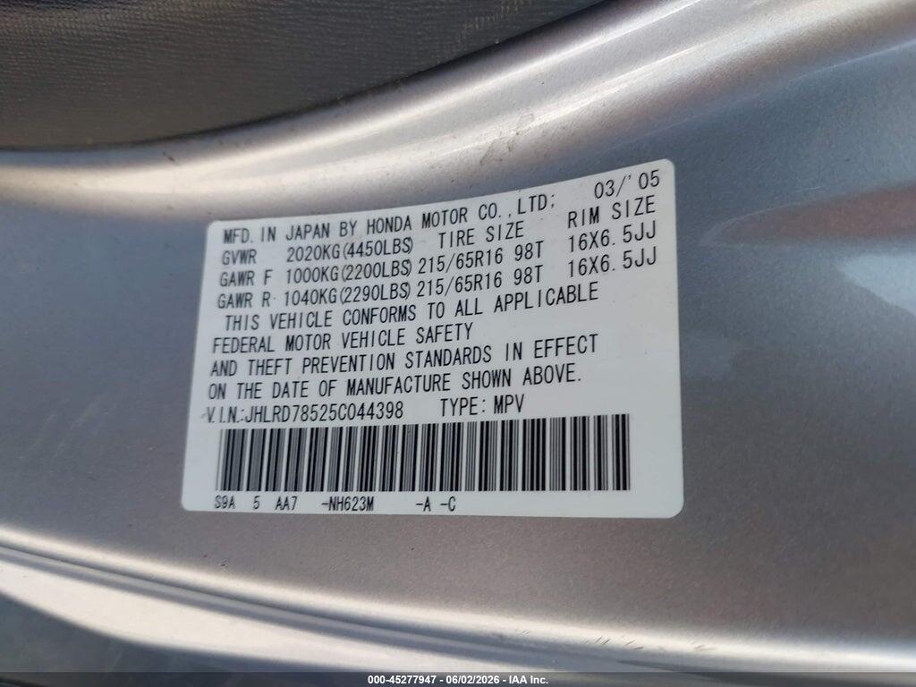 JHLRD78525C044398 2005 HONDA CR-V photo no. 9