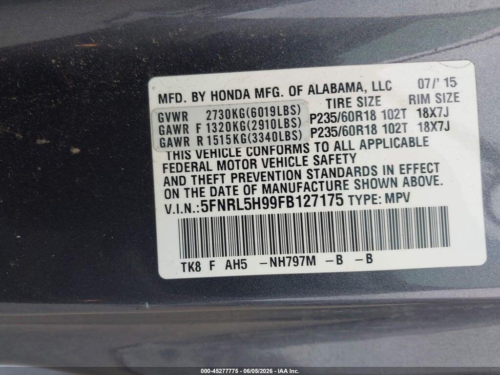 5FNRL5H99FB127175 2015 HONDA ODYSSEY photo no. 9