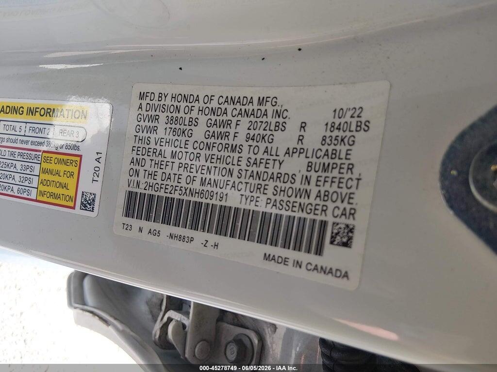 2HGFE2F5XNH609191 2022 HONDA CIVIC photo no. 9