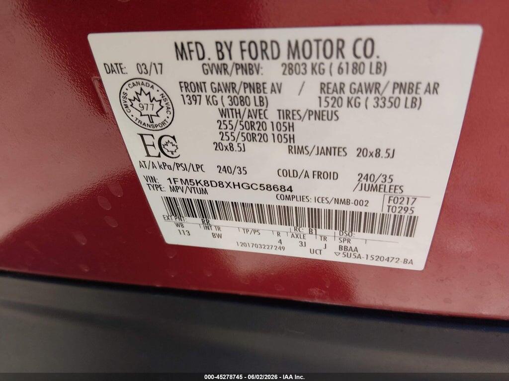 1FM5K8D8XHGC58684 2017 FORD EXPLORER photo no. 9