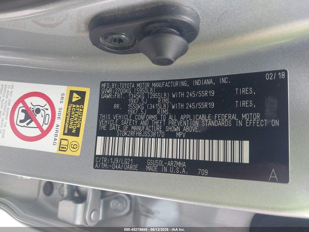 5TDKZRFH8JS538170 2018 TOYOTA HIGHLANDER photo no. 9