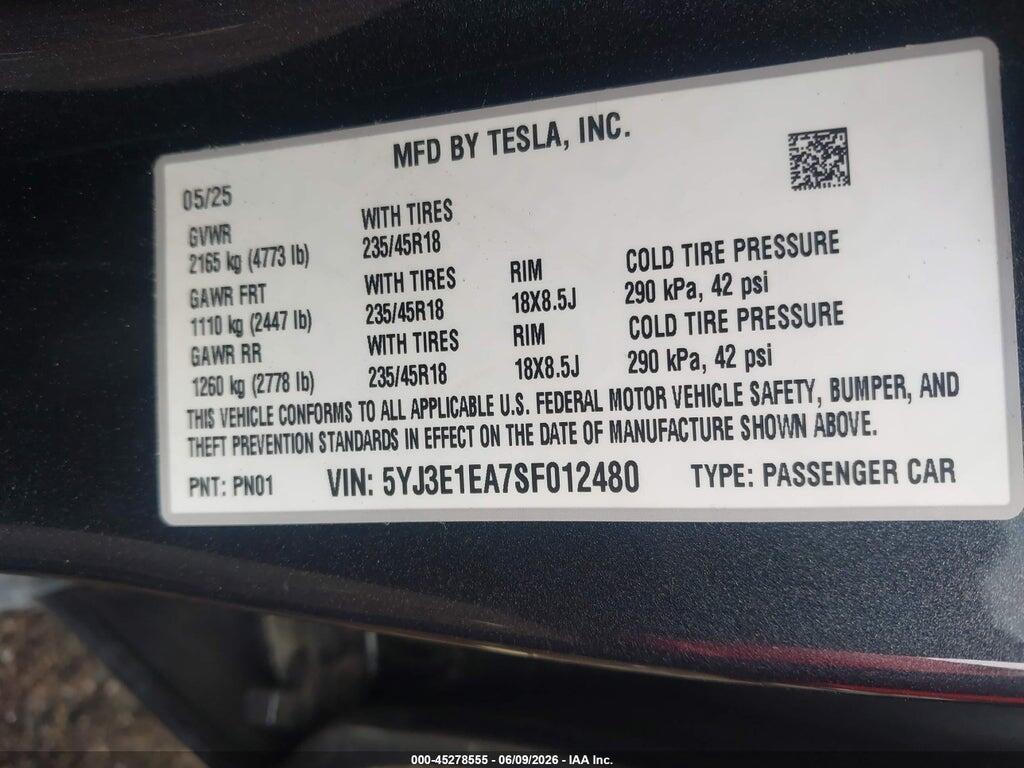 5YJ3E1EA7SF012480 2025 TESLA MODEL 3 photo no. 9