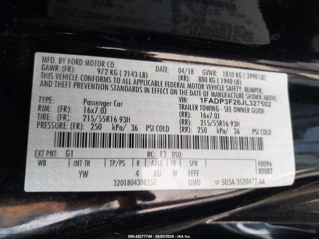 1FADP3F26JL327502 2018 FORD FOCUS photo no. 9