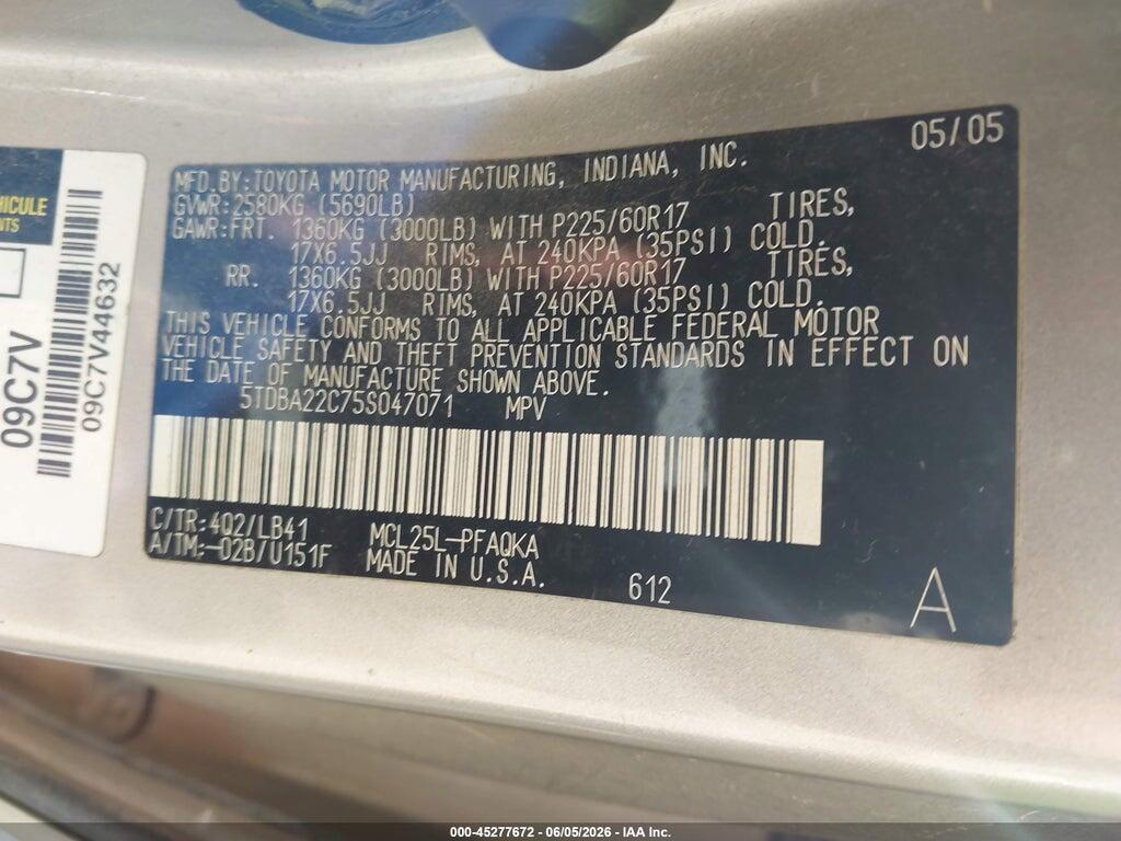 5TDBA22C75S047071 2005 TOYOTA SIENNA photo no. 9