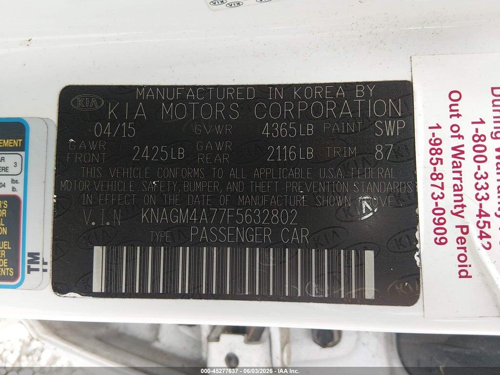 KNAGM4A77F5632802 2015 KIA OPTIMA photo no. 9