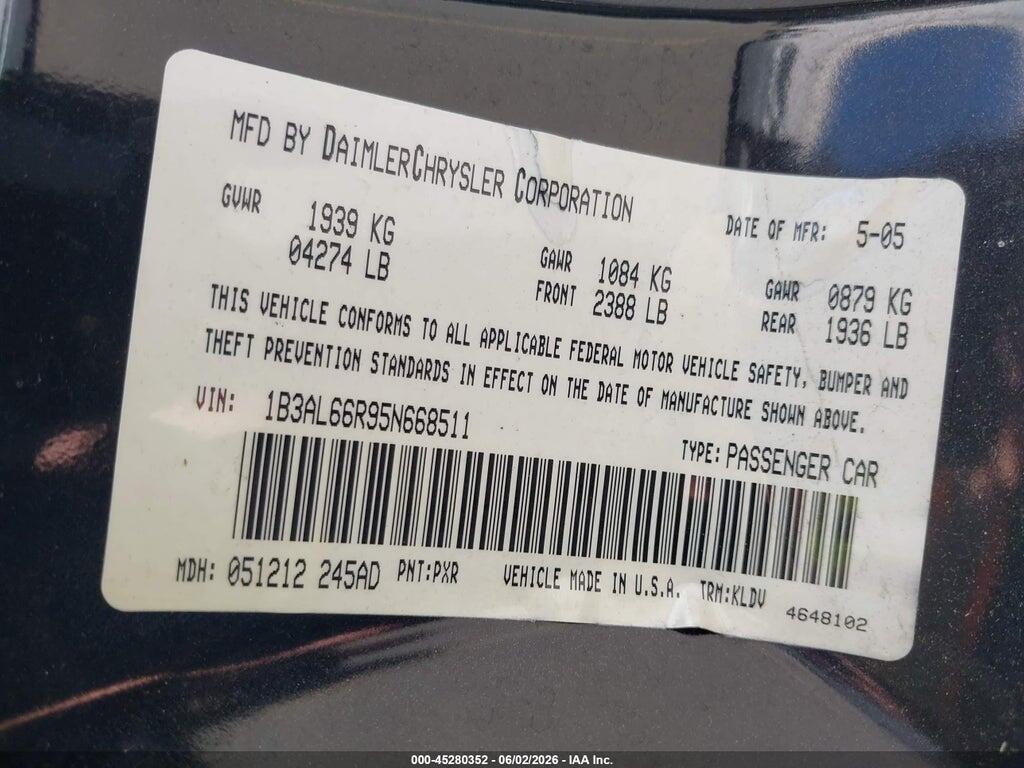 1B3AL66R95N668511 2005 DODGE STRATUS photo no. 9