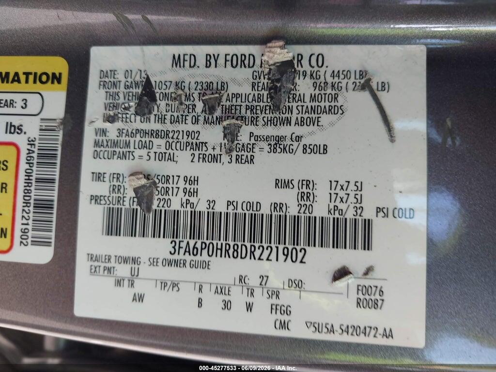 3FA6P0HR8DR221902 2013 FORD FUSION photo no. 9