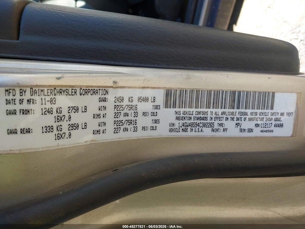 1J4GW48S94C302265 2004 JEEP GRAND CHEROKEE photo no. 9