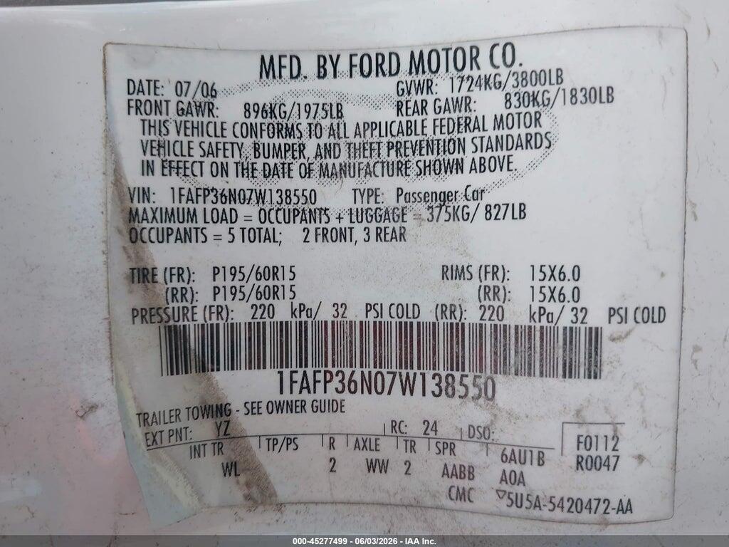 1FAFP36N07W138550 2007 FORD FOCUS photo no. 9