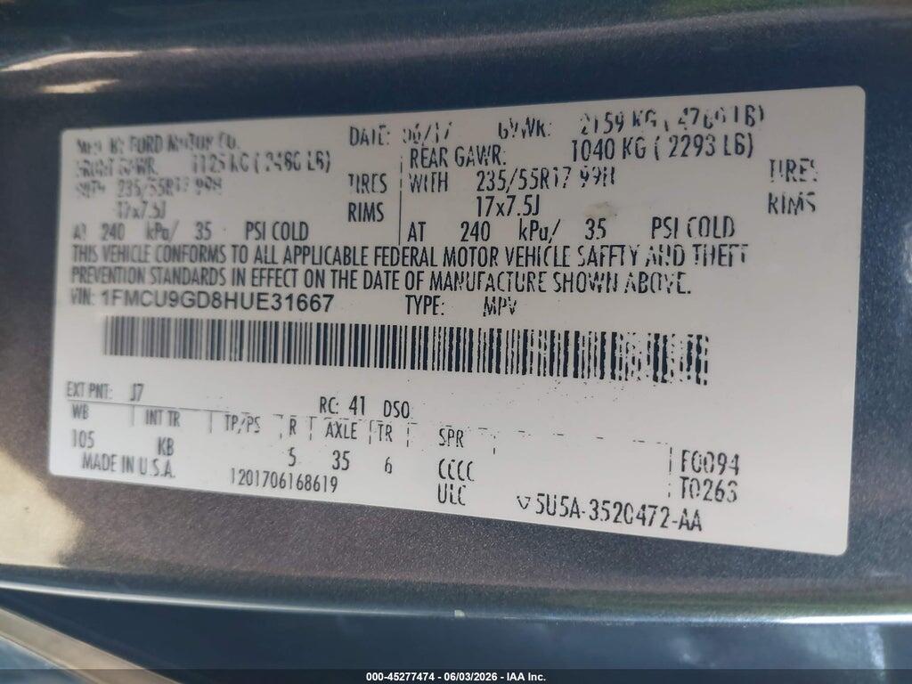 1FMCU9GD8HUE31667 2017 FORD ESCAPE photo no. 9