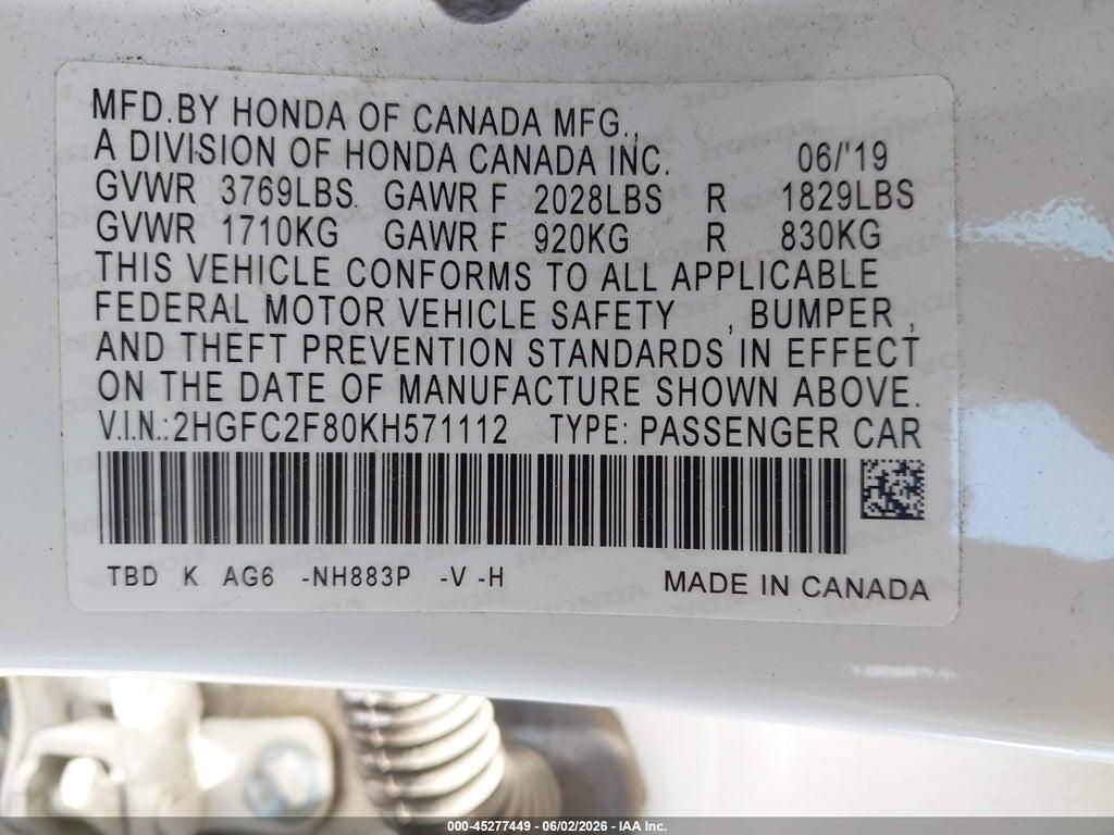 2HGFC2F80KH571112 2019 HONDA CIVIC photo no. 9