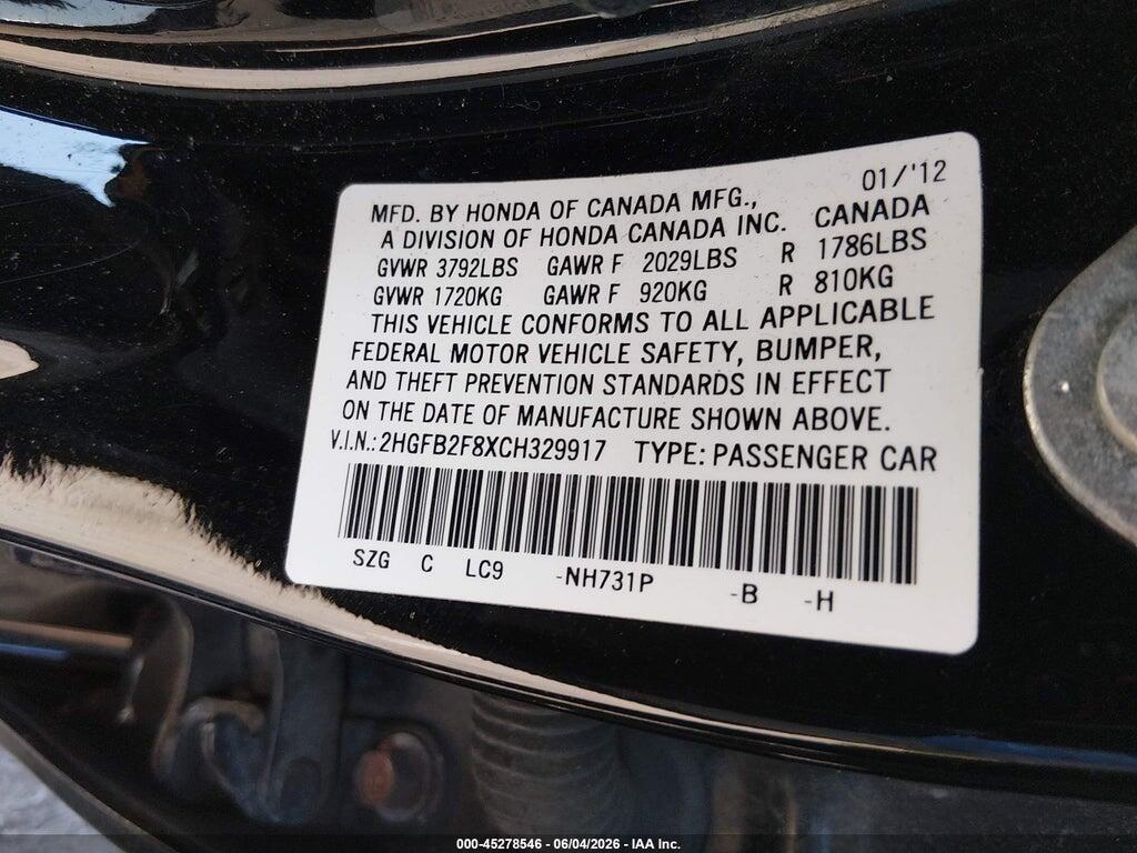 2HGFB2F8XCH329917 2012 HONDA CIVIC photo no. 9