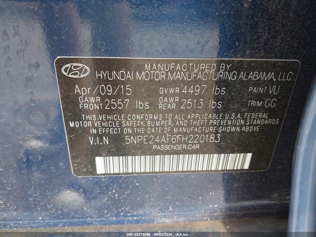 5NPE24AF6FH220183 2015 HYUNDAI SONATA photo no. 9