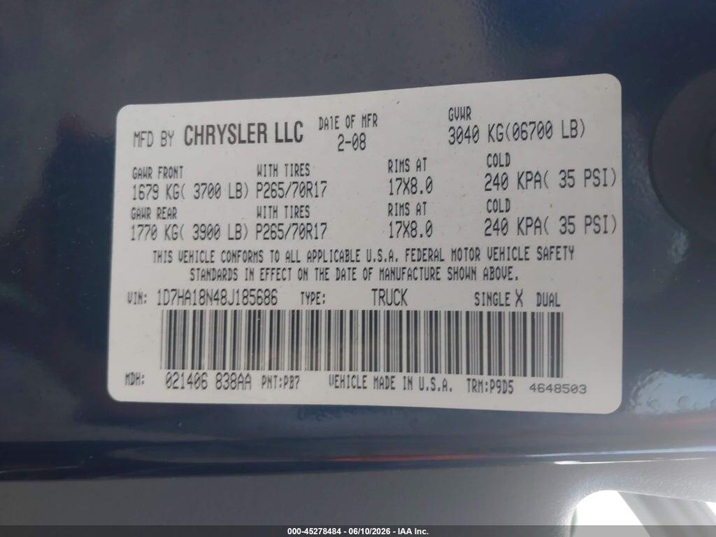 1D7HA18N48J185686 2008 DODGE RAM 1500 photo no. 9