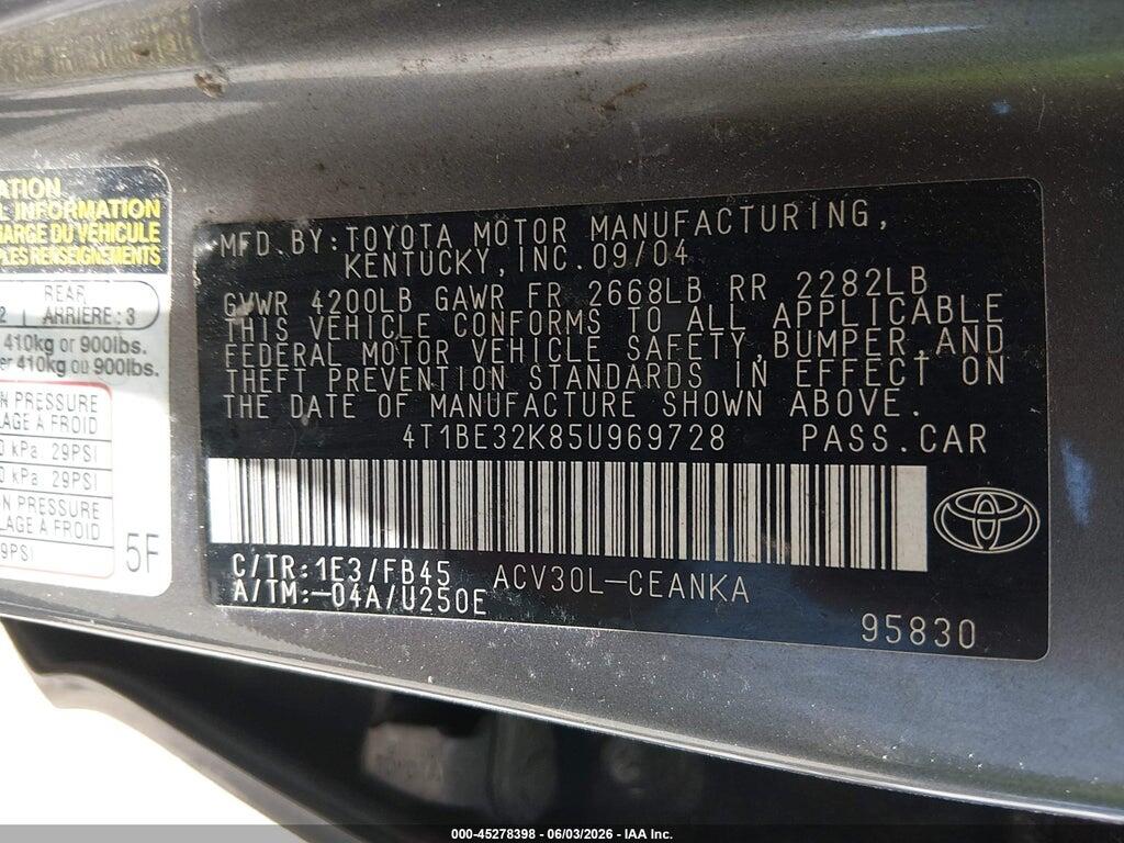 4T1BE32K85U969728 2005 TOYOTA CAMRY photo no. 9