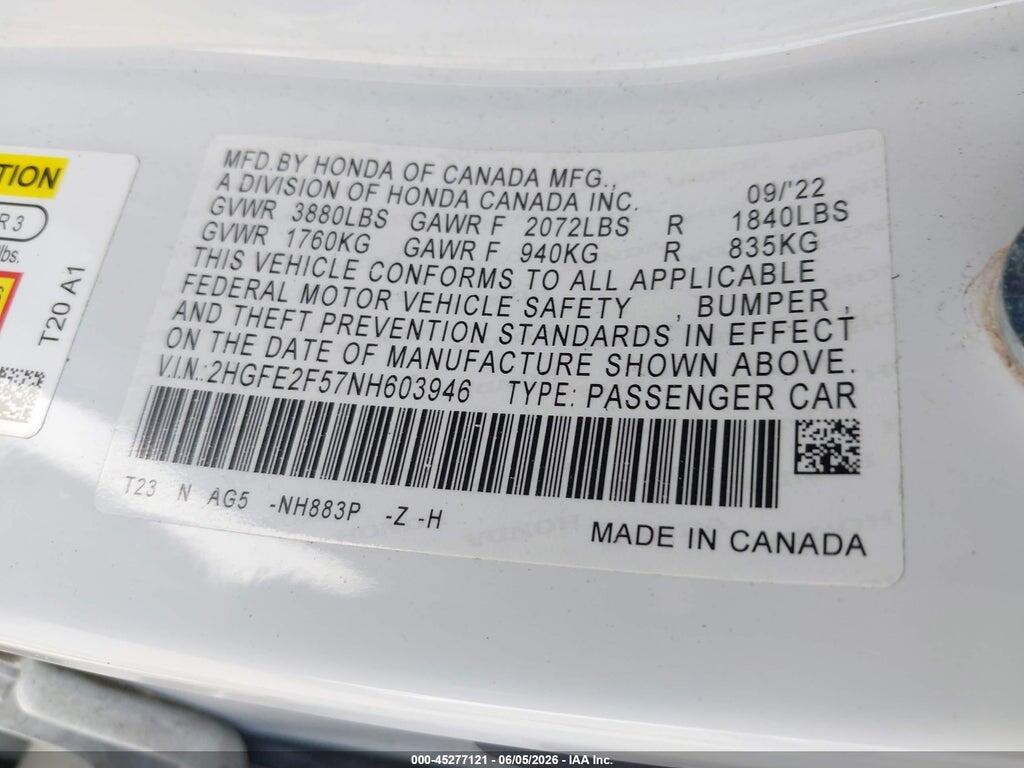 2HGFE2F57NH603946 2022 HONDA CIVIC photo no. 9
