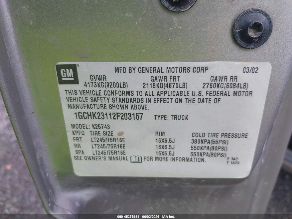1GCHK23112F203167 2002 CHEVROLET SILVERADO 2500HD photo no. 9