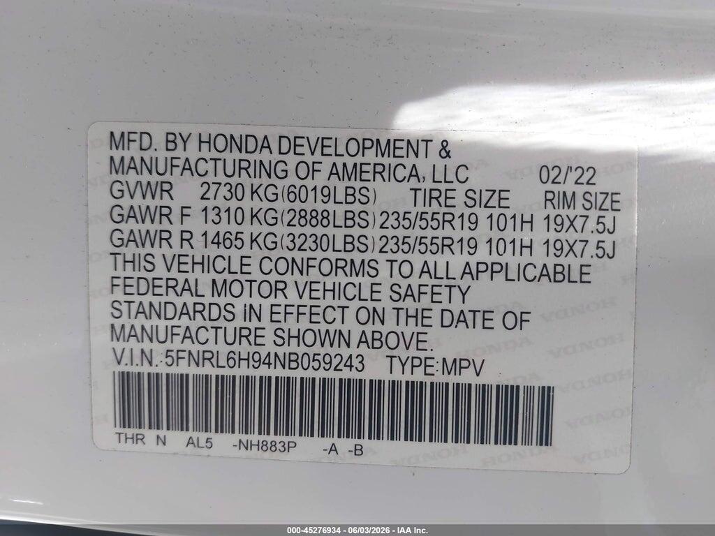 5FNRL6H94NB059243 2022 HONDA ODYSSEY photo no. 9