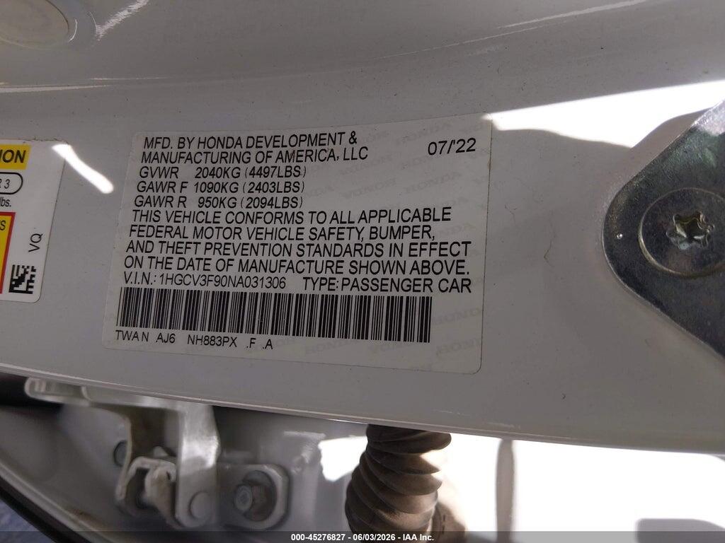 1HGCV3F90NA031306 2022 HONDA ACCORD HYBRID photo no. 9