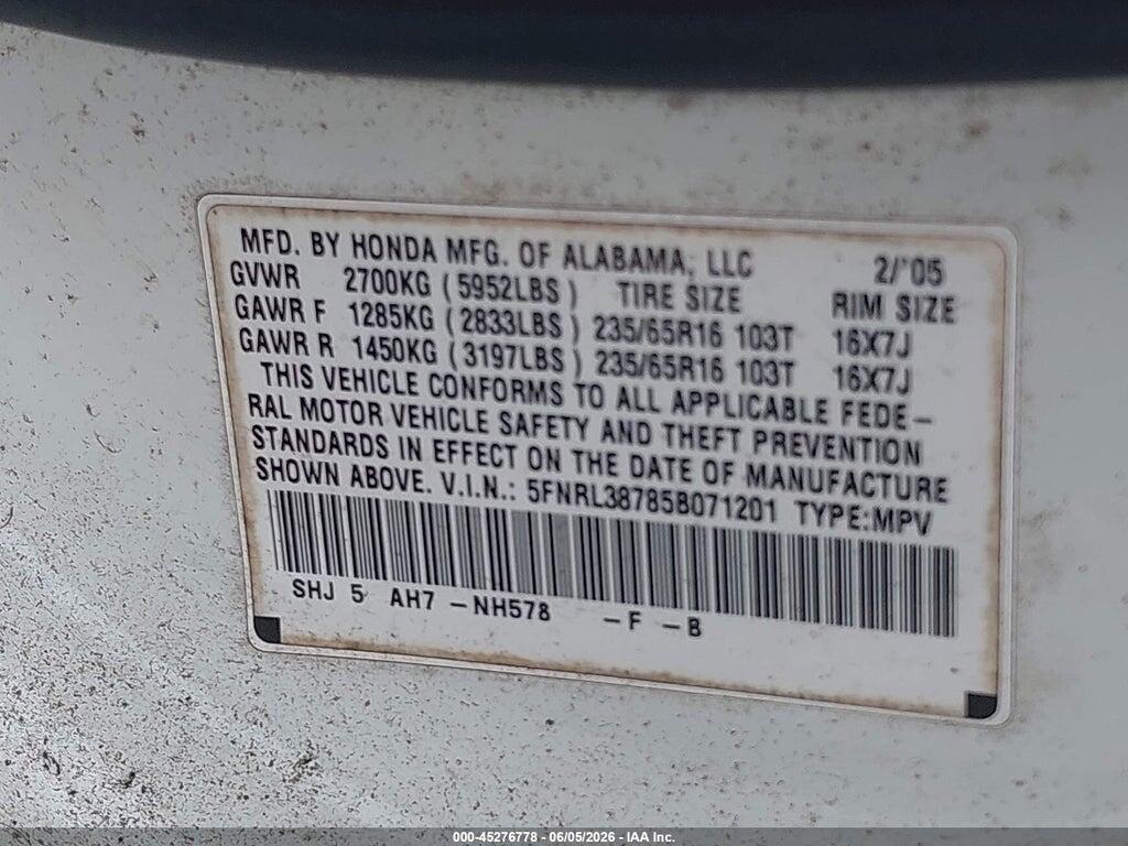 5FNRL38785B071201 2005 HONDA ODYSSEY photo no. 9