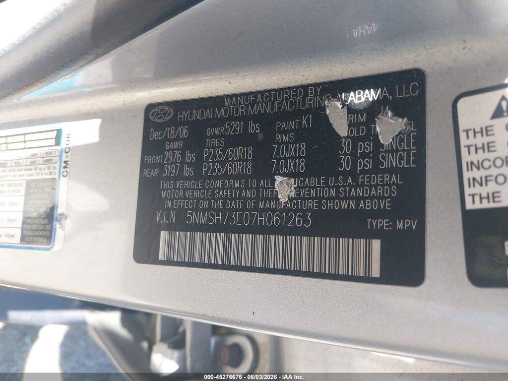 5NMSH73E07H061263 2007 HYUNDAI SANTA FE photo no. 9