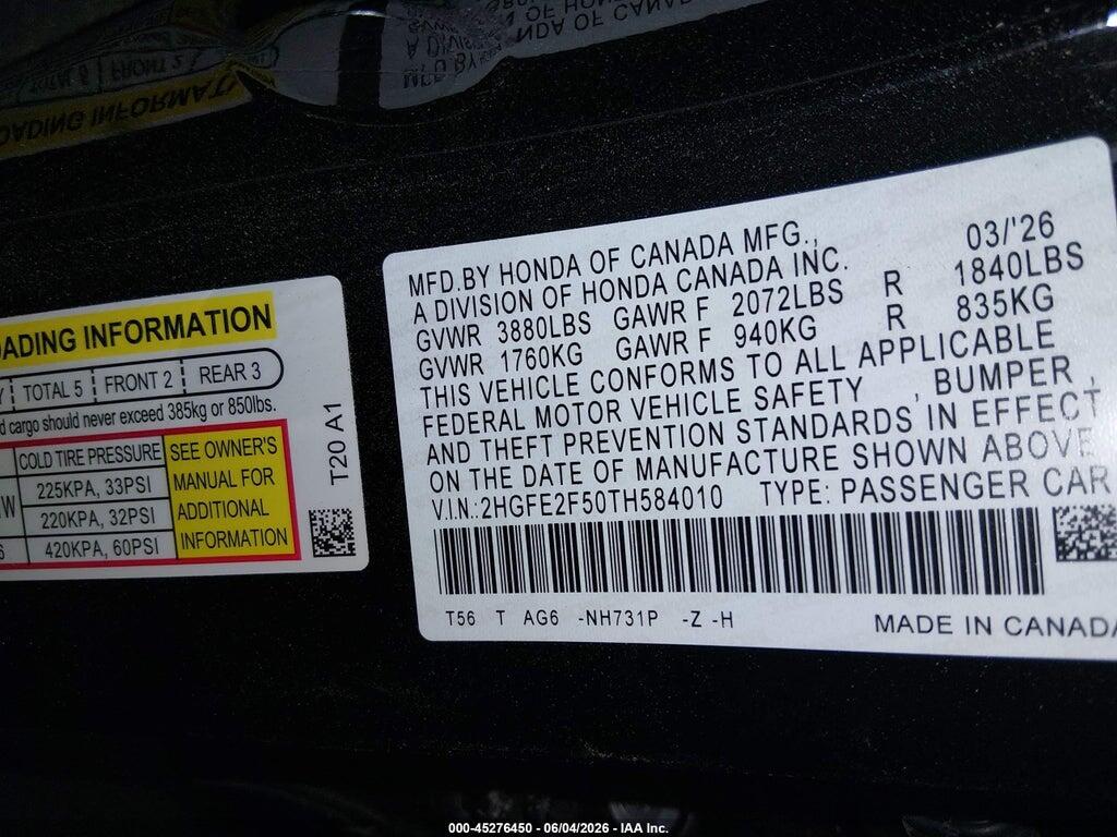 2HGFE2F50TH584010 2026 HONDA CIVIC photo no. 9