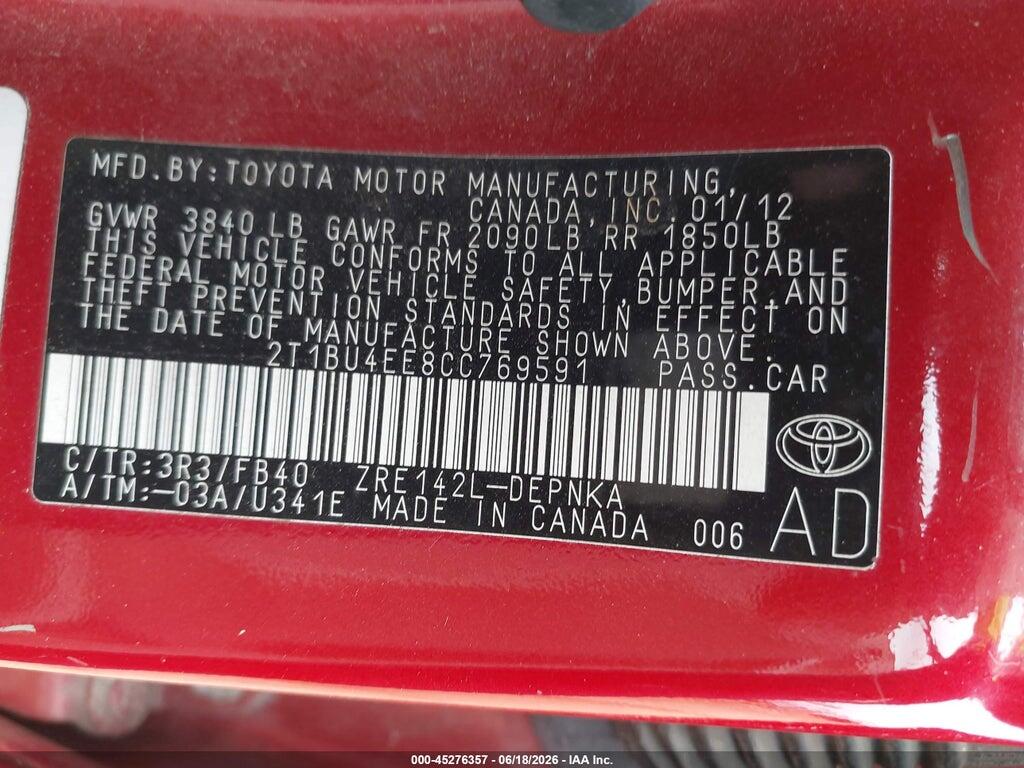 2T1BU4EE8CC769591 2012 TOYOTA COROLLA photo no. 9