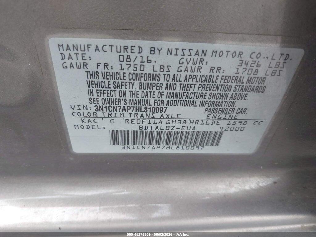 3N1CN7AP7HL810097 2017 NISSAN VERSA photo no. 9