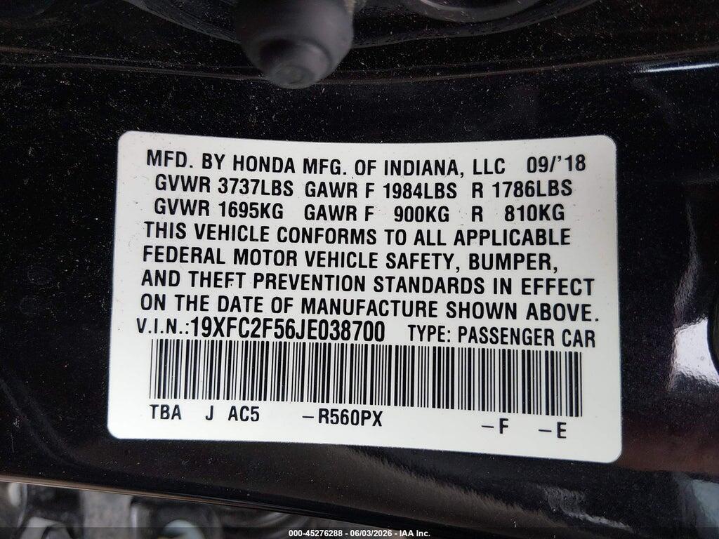 19XFC2F56JE038700 2018 HONDA CIVIC photo no. 9