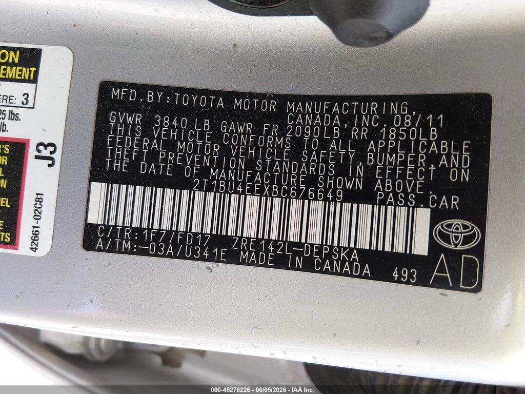 2T1BU4EEXBC676649 2011 TOYOTA COROLLA photo no. 9