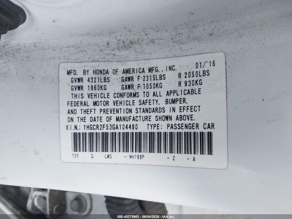 1HGCR2F53GA104490 2016 HONDA ACCORD photo no. 9