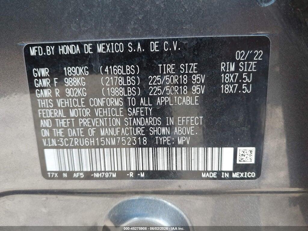 3CZRU6H15NM752318 2022 HONDA HR-V photo no. 9